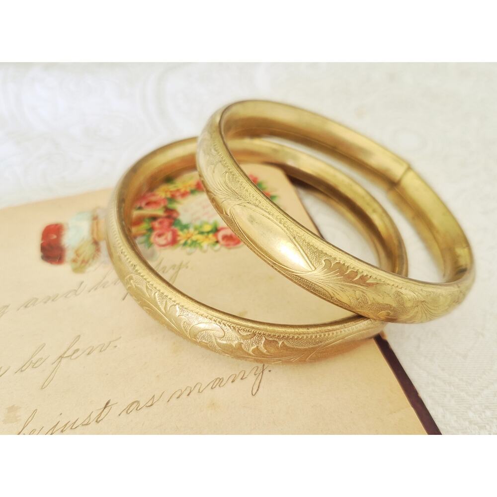 Pair of Vintage Gold-fill Floral Etched Bangle Bracelets